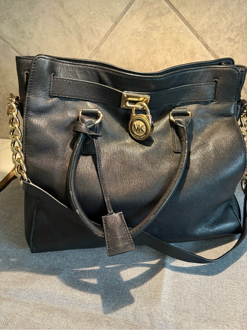Michael Kors Black Leather Shoulder Bag with Gold Hardware